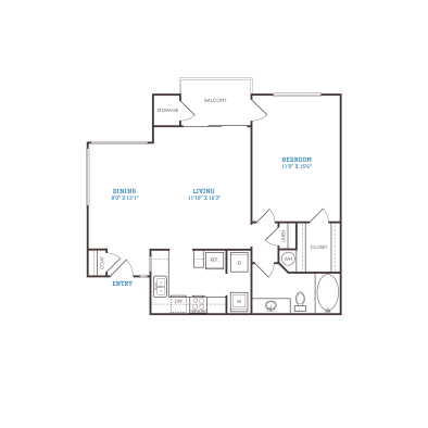 floor plan for the one bedroom apartment at The Oxford