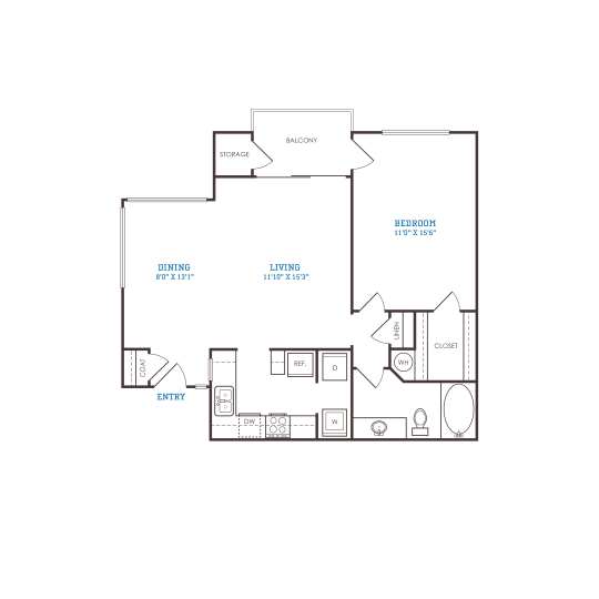 floor plan for the one bedroom apartment at The Oxford