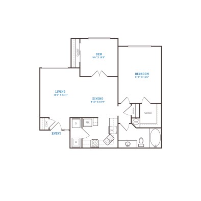 floor plan for the one bedroom apartment at The Oxford