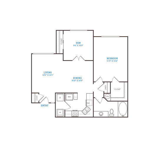 floor plan for the one bedroom apartment at The Oxford