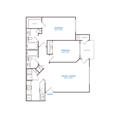 floor plan for the two bedroom apartment at The Oxford