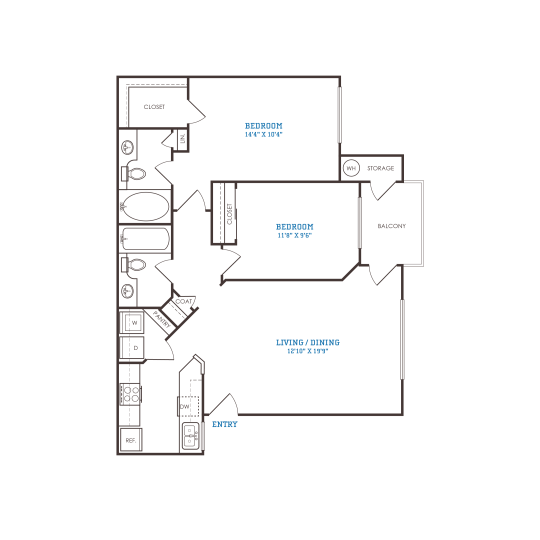 floor plan for the two bedroom apartment at The Oxford