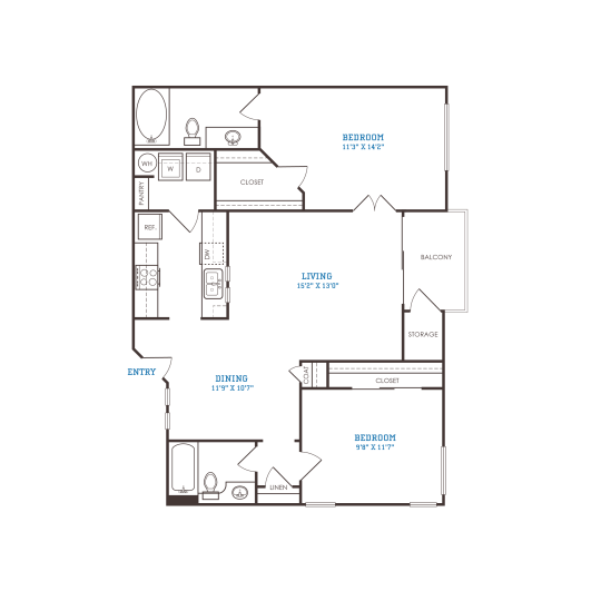 floor plan for the two bedroom apartment at The Oxford