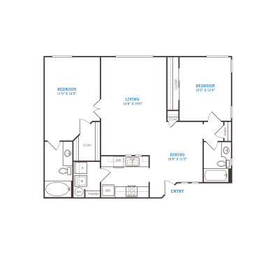 floor plan for a two bedroom apartment at The Oxford