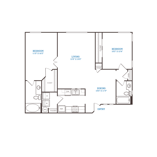 floor plan for a two bedroom apartment at The Oxford