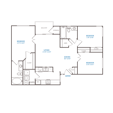 floor plan for a two bedroom apartment at The Oxford