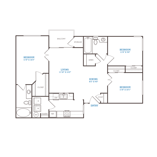 floor plan for a two bedroom apartment at The Oxford