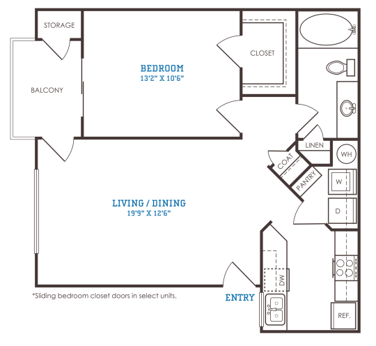 The Oxford A1 floorplan featuring 1 bedroom, 1 bathroom, and 663 square feet with a private balcony and storage.