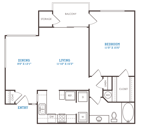 The Oxford A2 floorplan featuring 1 bedroom, 1 bathroom, and 761 square feet with a private balcony and spacious living area.