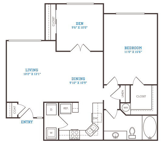 The Oxford B1 floorplan featuring 2 bedrooms, 1 bathroom, and 833 square feet with a den and spacious living area.