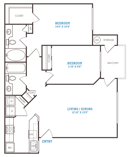 The Oxford B2 floorplan featuring 2 bedrooms, 2 bathrooms, and 911 square feet with a private balcony and storage.