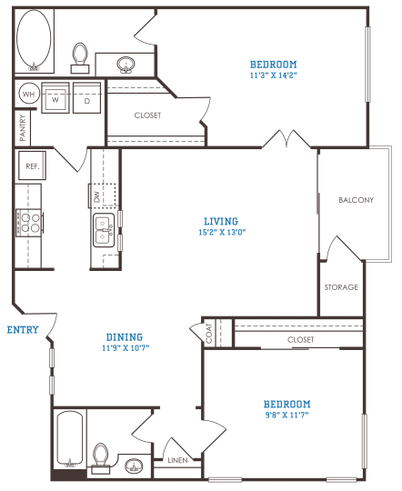 The Oxford B3 floorplan featuring 2 bedrooms, 2 bathrooms, and 978 square feet with a private balcony and ample storage.