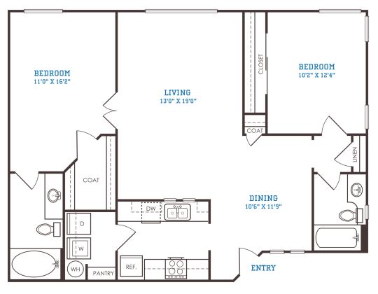 The Oxford B4 floorplan featuring 2 bedrooms, 2 bathrooms, and 985 square feet with a large living/dining area.