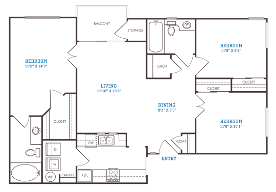 The Oxford C1 floorplan featuring 3 bedrooms, 2 bathrooms, and 1,088 square feet with a private balcony and spacious living area.