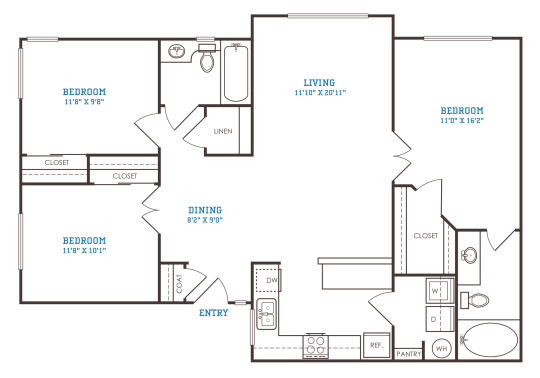 The Oxford C2 floorplan featuring 3 bedrooms, 2 bathrooms, and 1,135 square feet with a private patio and ample storage.